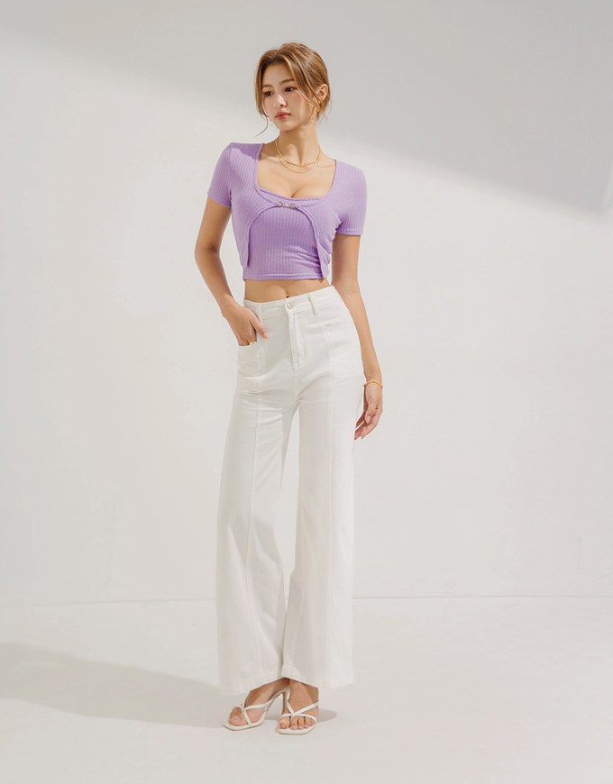 Two-Piece Gold Button Knit Crop Top (With Padding)
