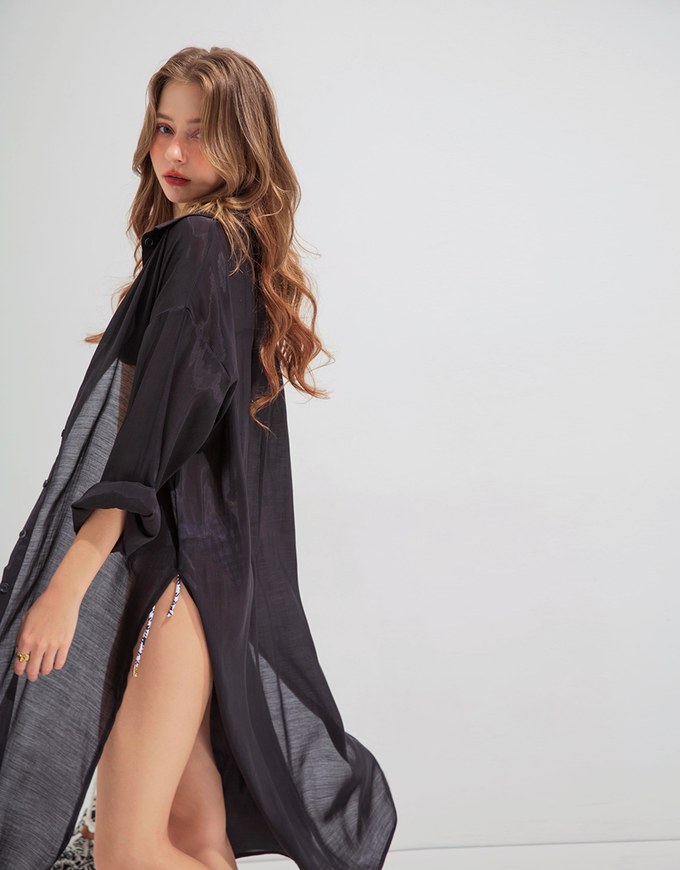 【Beach Cover】Sheer Long Bikini Cover Up Blouse Shirt