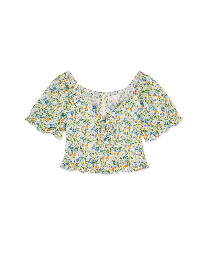 Puff-Sleeve Floral Cropped Top