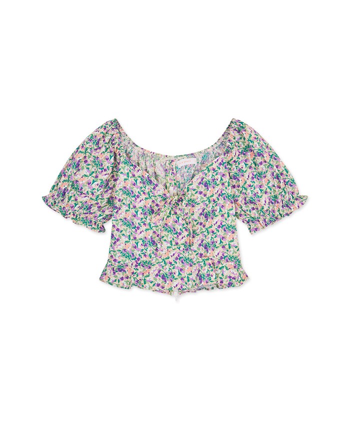 Puff-Sleeve Floral Cropped Top