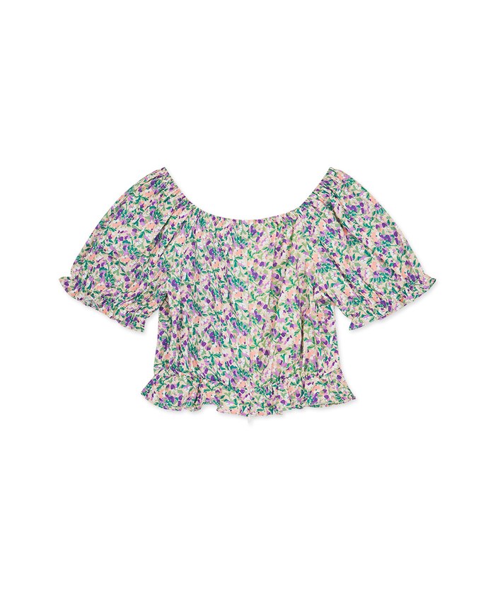 Puff-Sleeve Floral Cropped Top