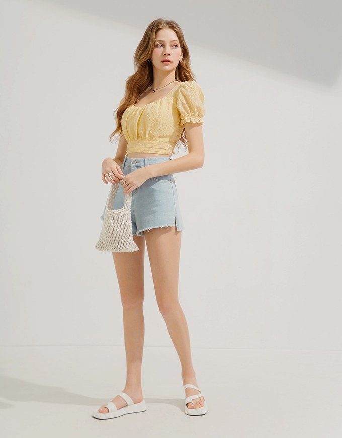 Seersucker Pleated Sleeve Top