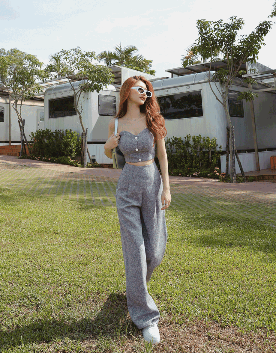 Floral Tweed Pleated Wide Trousers