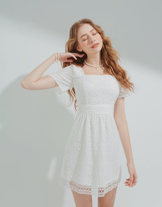 Square Neck Embroidered Lace Mini Dress
