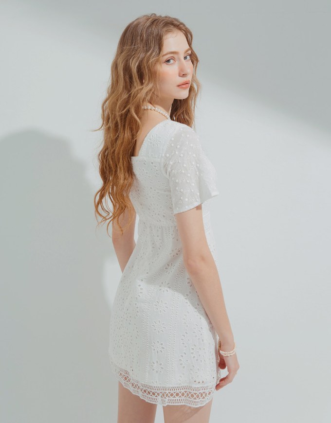 Square Neck Embroidered Lace Mini Dress