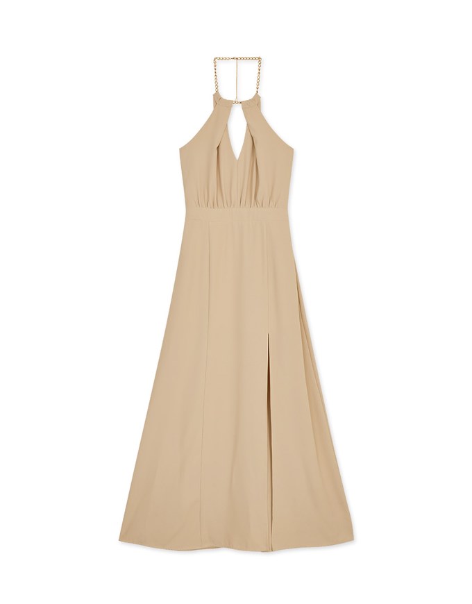 Halter Neck Backless Maxi Dress with Golden Chain