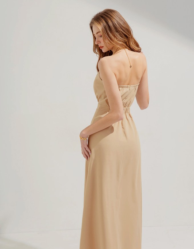Halter Neck Backless Maxi Dress with Golden Chain