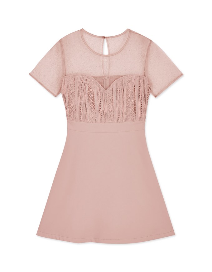 Sheer Stitching Lace Short-Sleeved Dress