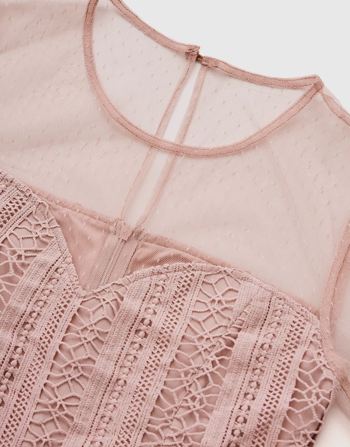 Sheer Stitching Lace Short-Sleeved Dress