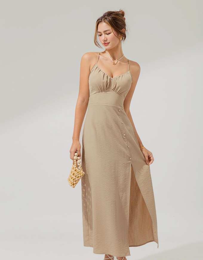 Wrinkle Waist Slit Maxi Long Dress (With Padding)