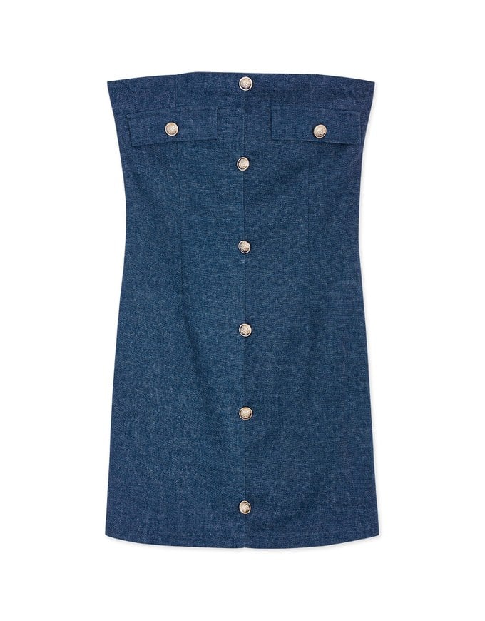 Buttoned Elastic Denim Jeans Mini Dress (With Padding)