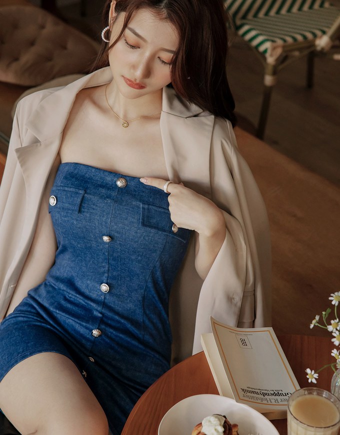 Buttoned Elastic Denim Jeans Mini Dress (With Padding)