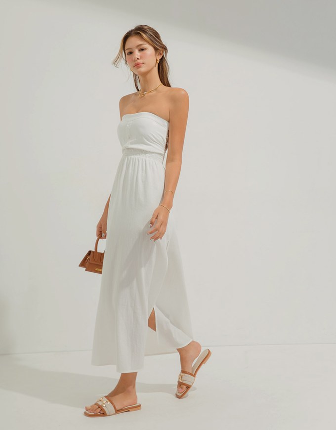 Cinched Waist Slit Maxi Tube Dress