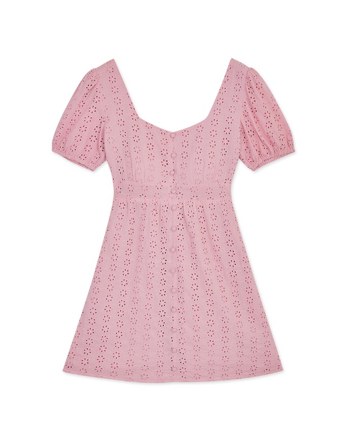 Embroidered Lace With Puffed Sleeves Mini Dress(With Padding)