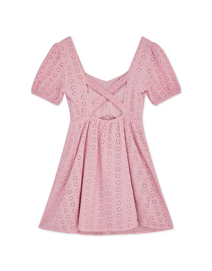 Embroidered Lace With Puffed Sleeves Mini Dress(With Padding)