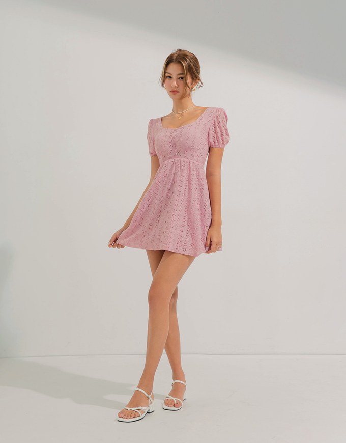 Embroidered Lace With Puffed Sleeves Mini Dress(With Padding)