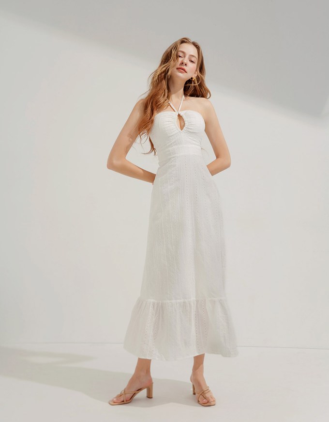 Wood Ring Embroidered Maxi Long Dress (With Padding)