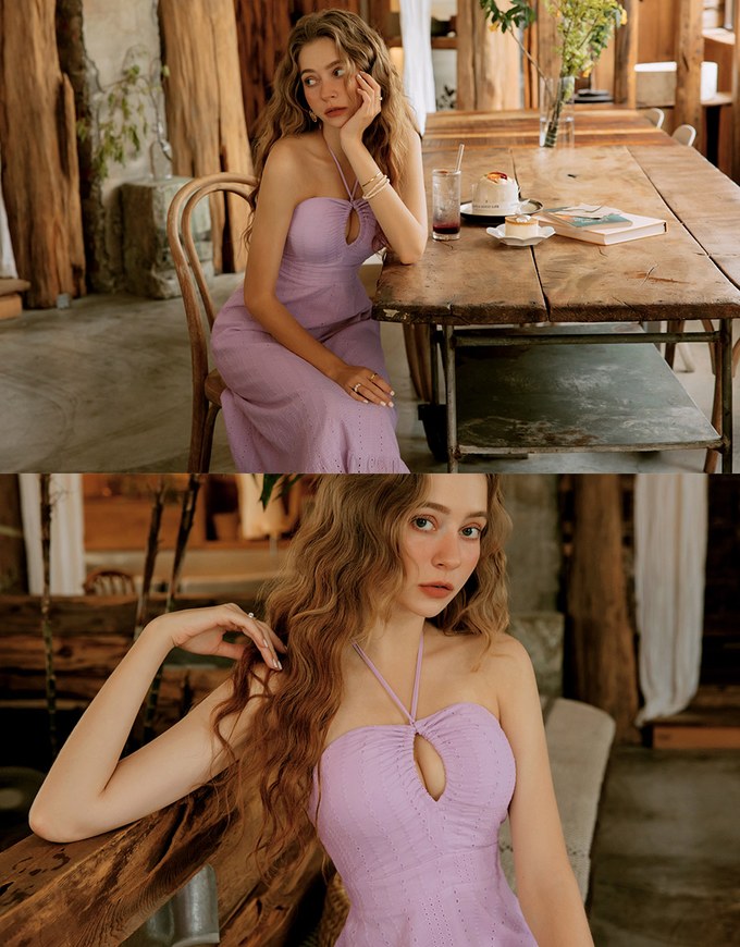 Wood Ring Embroidered Maxi Long Dress (With Padding)