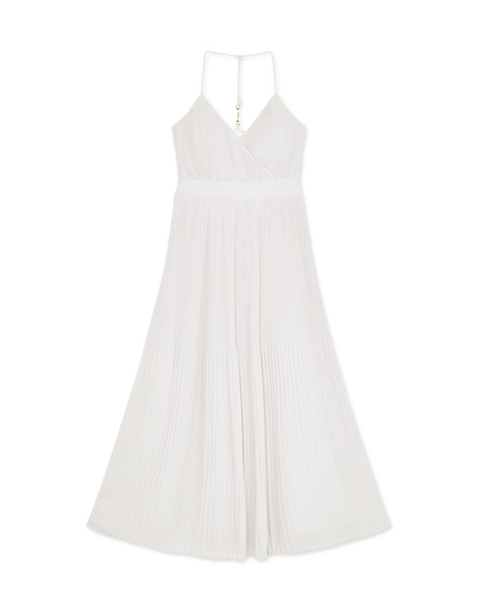 Gold Button Low-Cut Pleated Maxi Long Dress (With Padding)