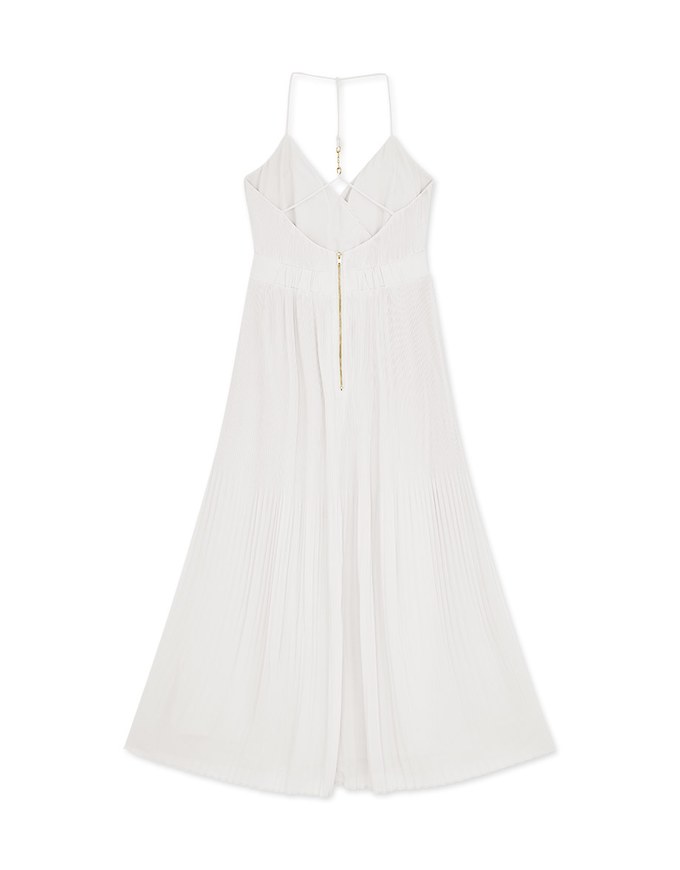 Gold Button Low-Cut Pleated Maxi Long Dress (With Padding)