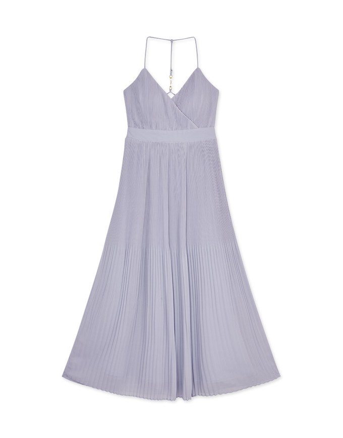 Gold Button Low-Cut Pleated Maxi Long Dress (With Padding)