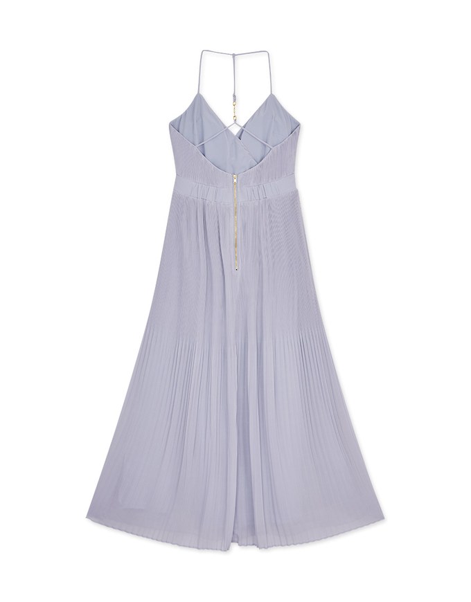 Gold Button Low-Cut Pleated Maxi Long Dress (With Padding)
