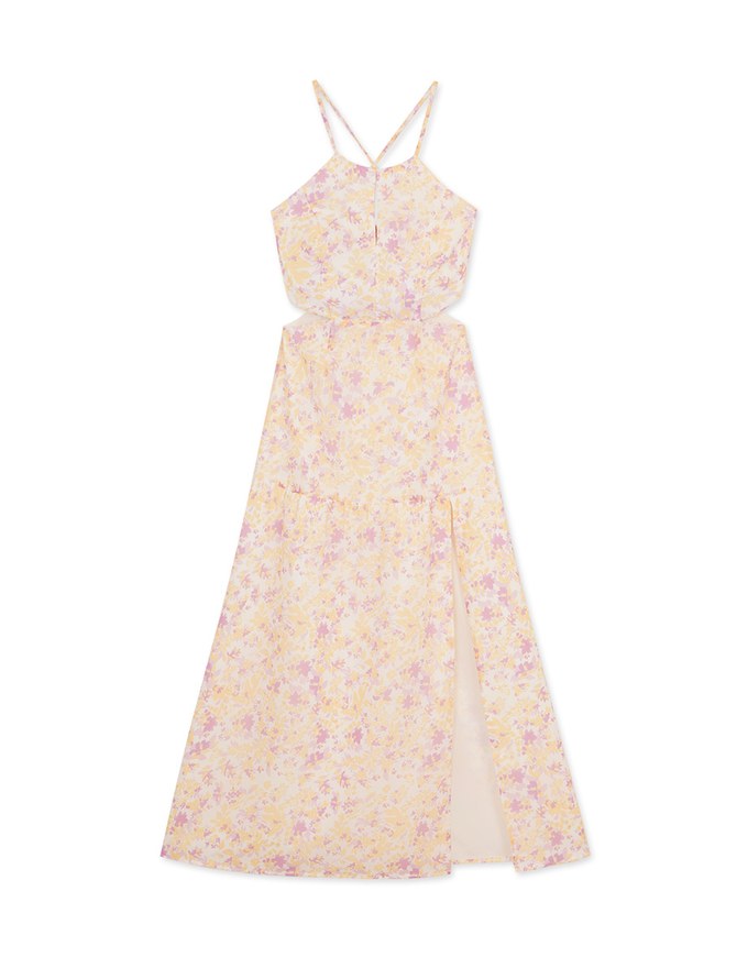 Halter Hollow Floral Bra Padded Maxi Dress (With Padding)
