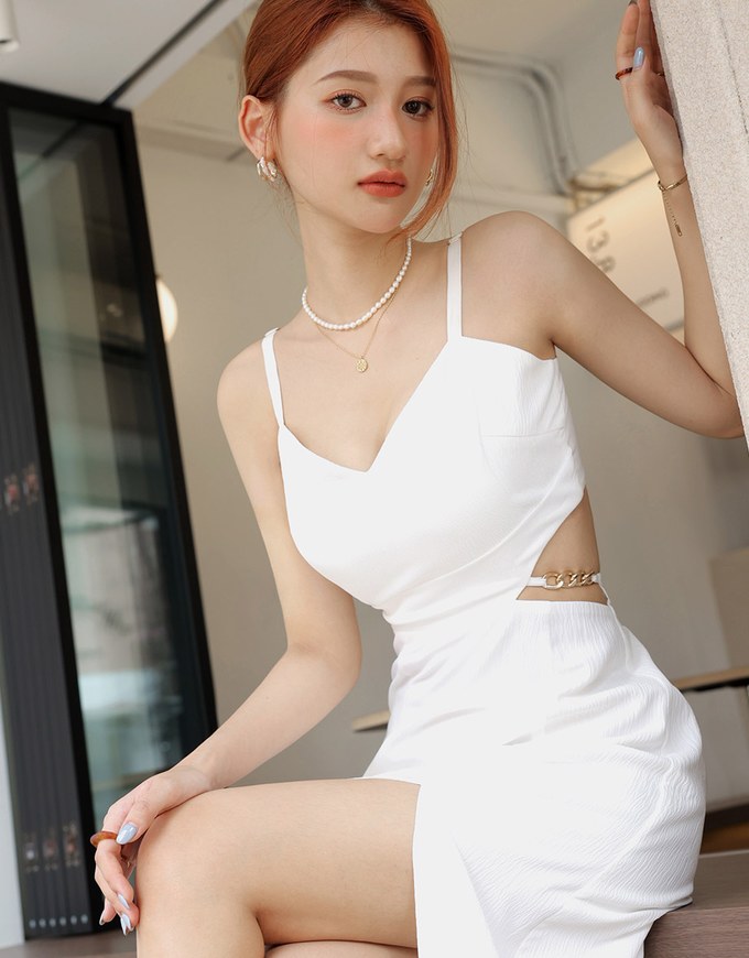 Gold Chain Hollow Slit Maxi Long Dress (With Padding)