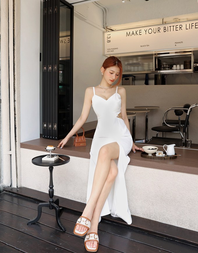 Gold Chain Hollow Slit Maxi Long Dress (With Padding)