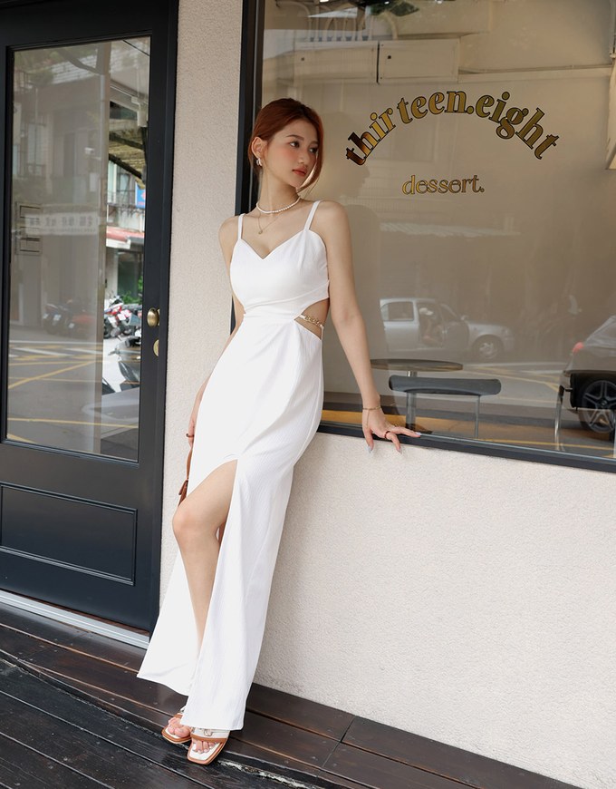 Gold Chain Hollow Slit Maxi Long Dress (With Padding)