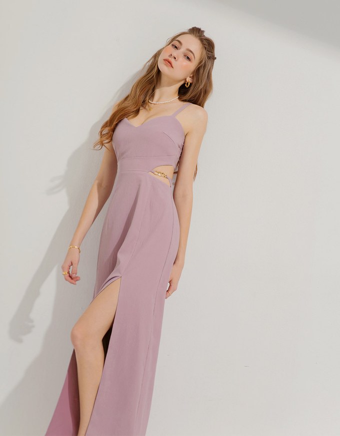 Gold Chain Hollow Slit Maxi Long Dress (With Padding)