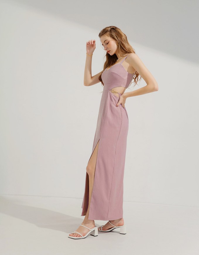 Gold Chain Hollow Slit Maxi Long Dress (With Padding)