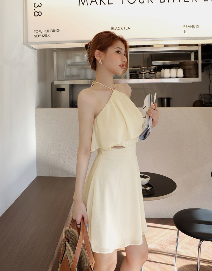 Halter Neck Hollow Bra Padded Mini Dress (With Padding)