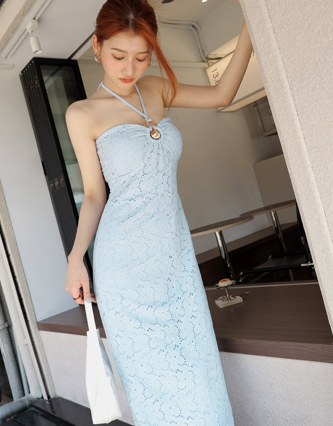Neck Shell Embellished Bra Padded Maxi Dress (With Padding)