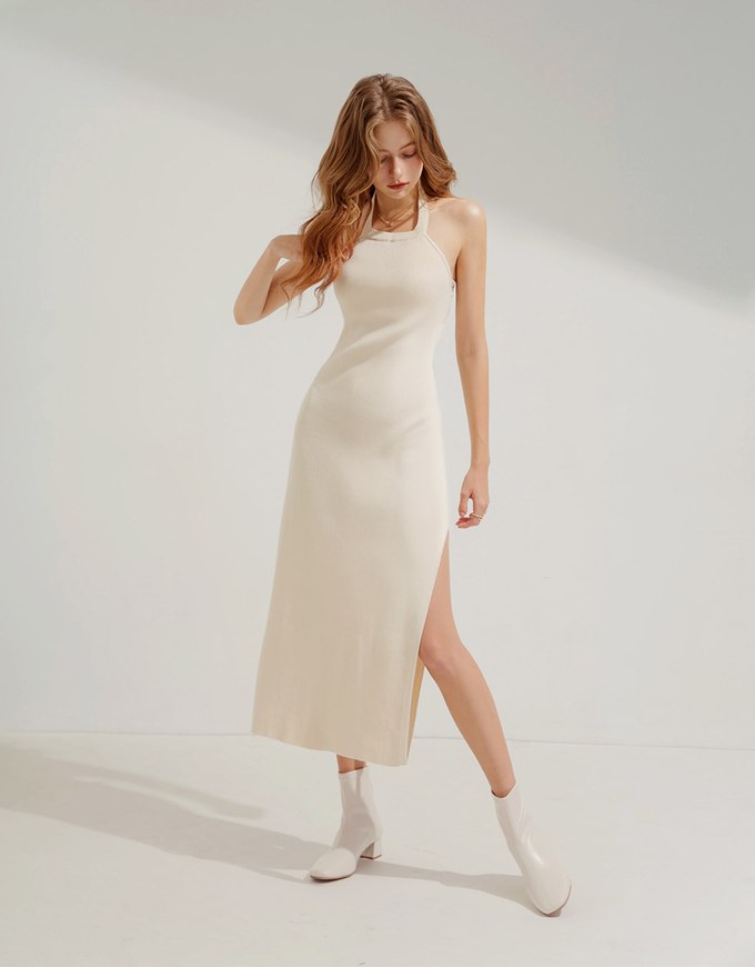 Knit Halter Hollow Slit Long Dress