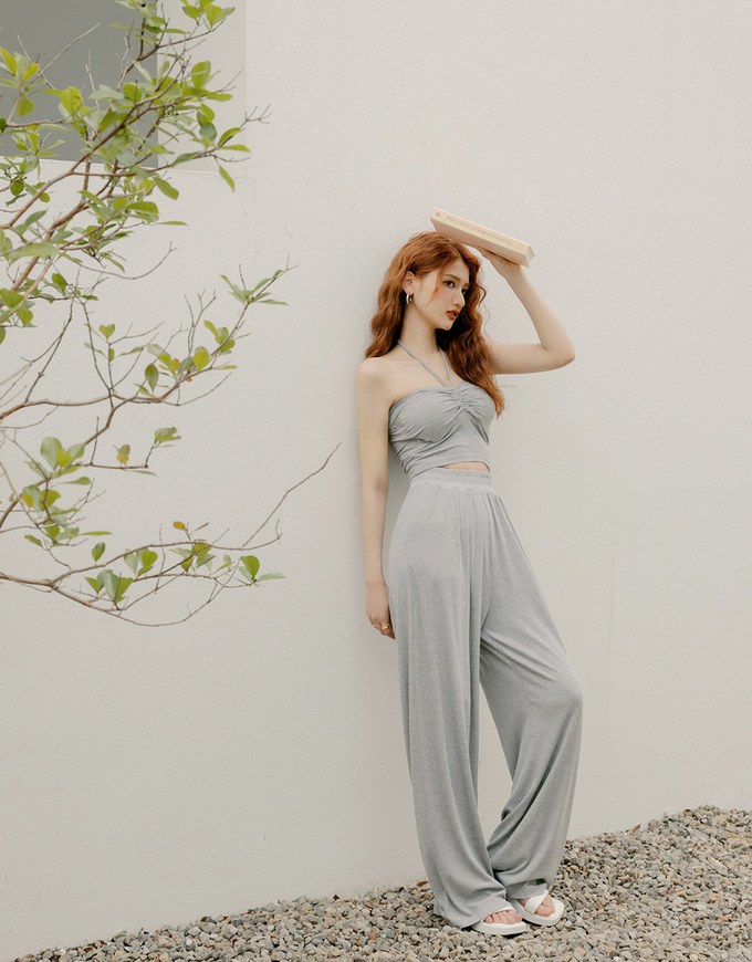 Knit Lace-Up Trousers Set (With Padding)