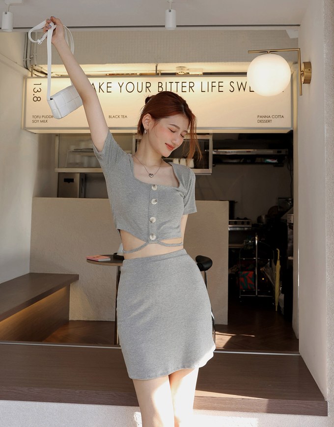 Square Neck Tie Knit Set Wear