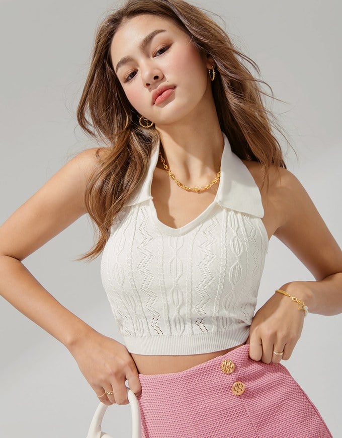 Lapel Knit Fitted Tank Top (With Padding)