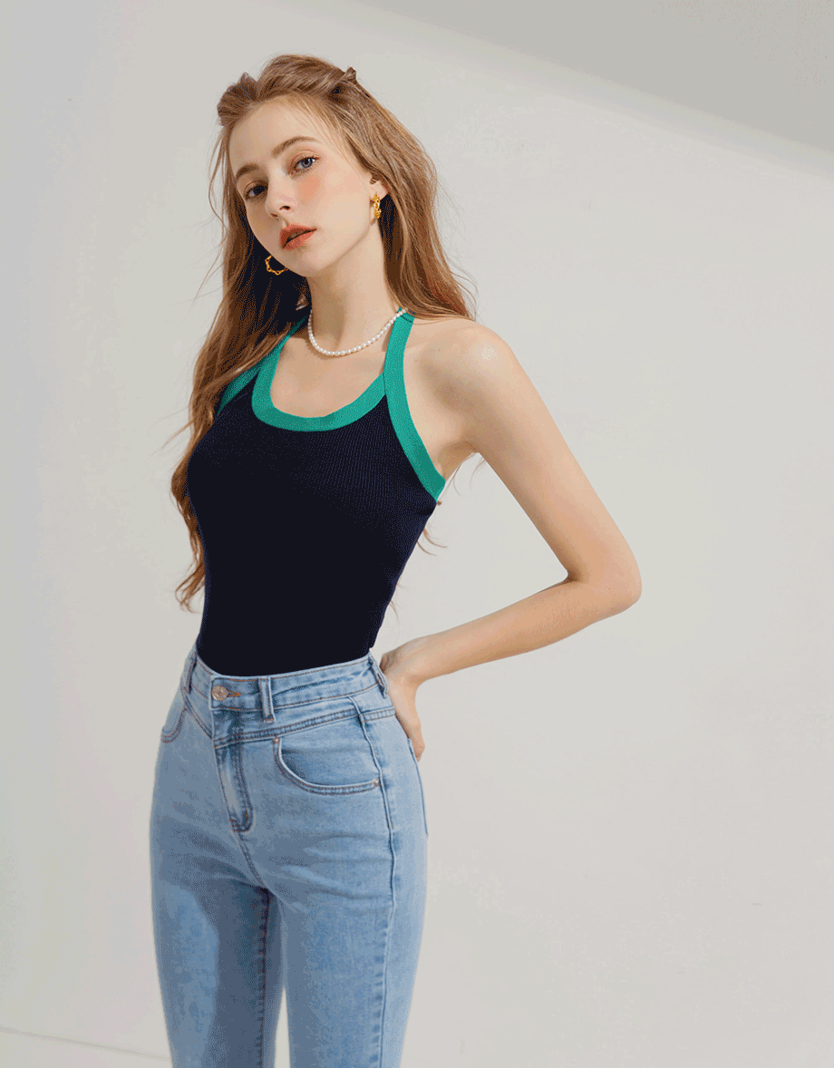 Contrast Collar Halter Knit Tank Top