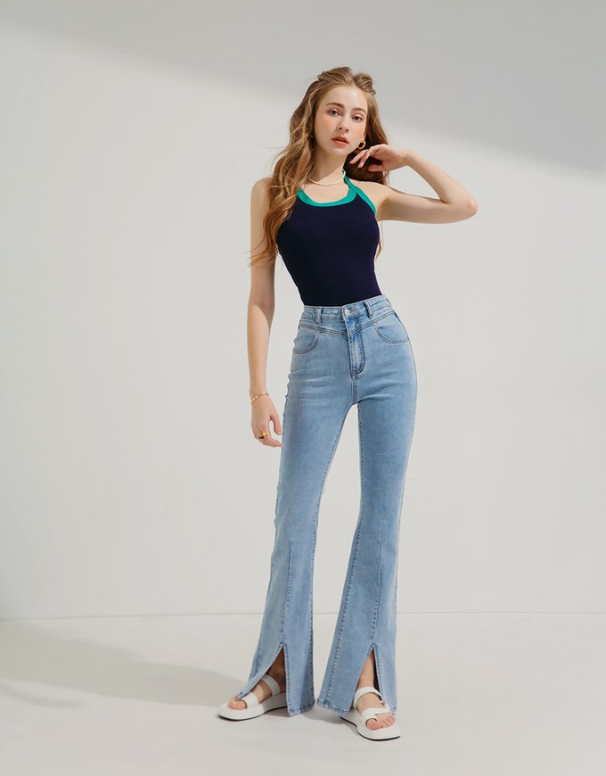 Contrast Collar Halter Knit Tank Top