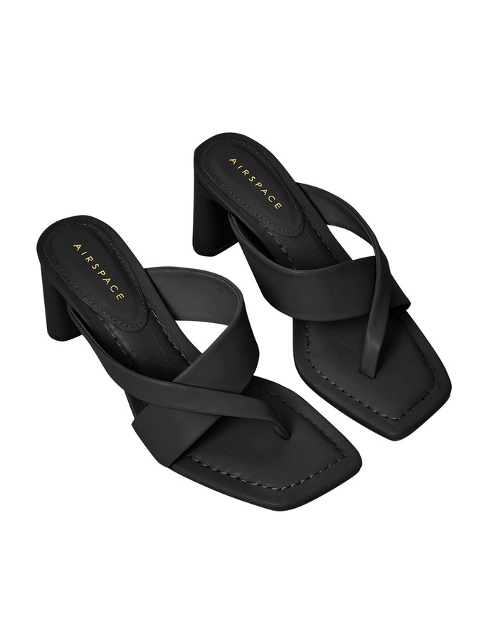 Faux Leather Wide-Embossed Mid-Heel Slides