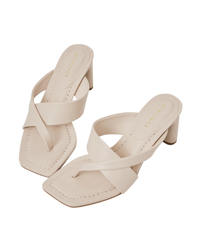 Faux Leather Wide-Embossed Mid-Heel Slides