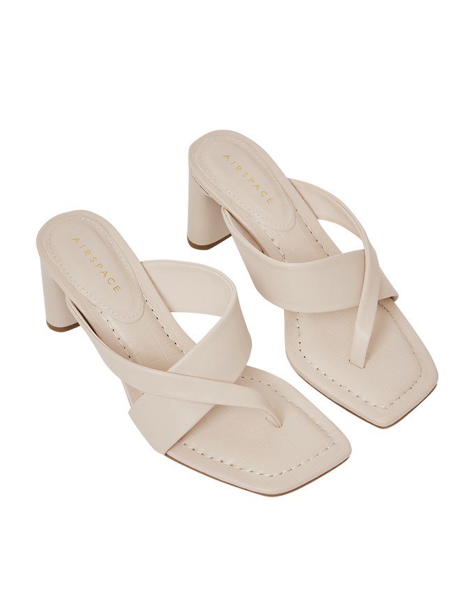 Faux Leather Wide-Embossed Mid-Heel Slides