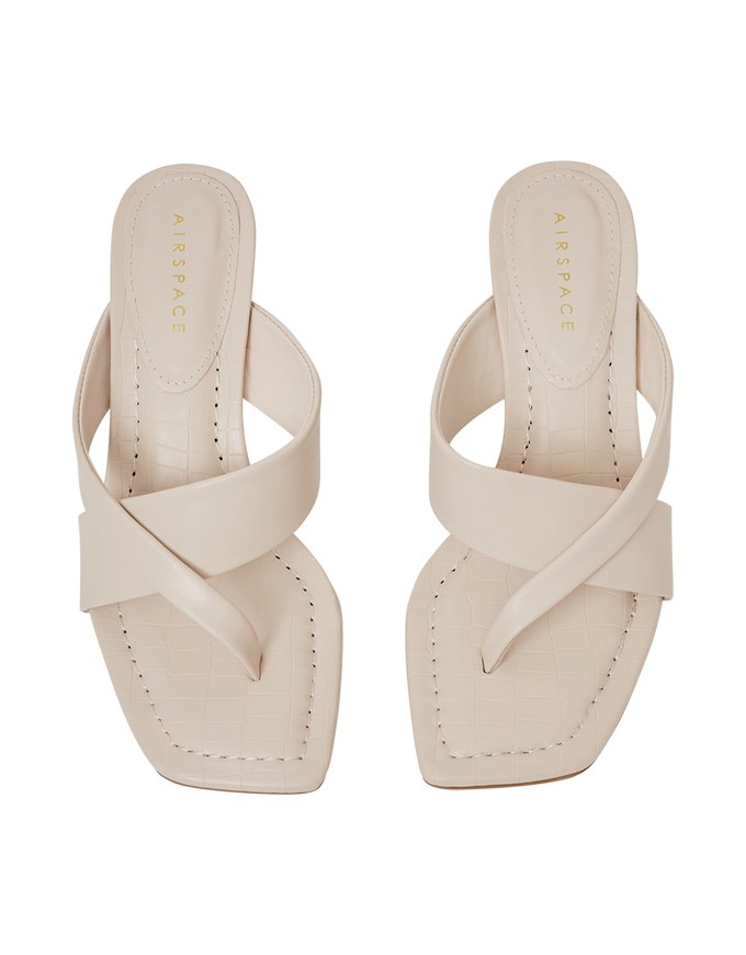 Faux Leather Wide-Embossed Mid-Heel Slides