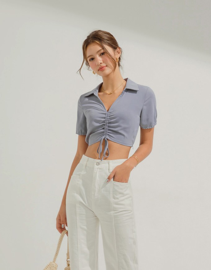 Open Collar Drawstring Crop Top