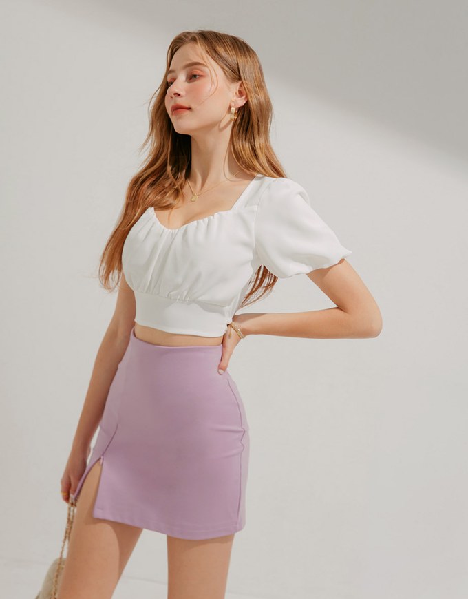 Heart Neck Puff Sleeve Shirred Top