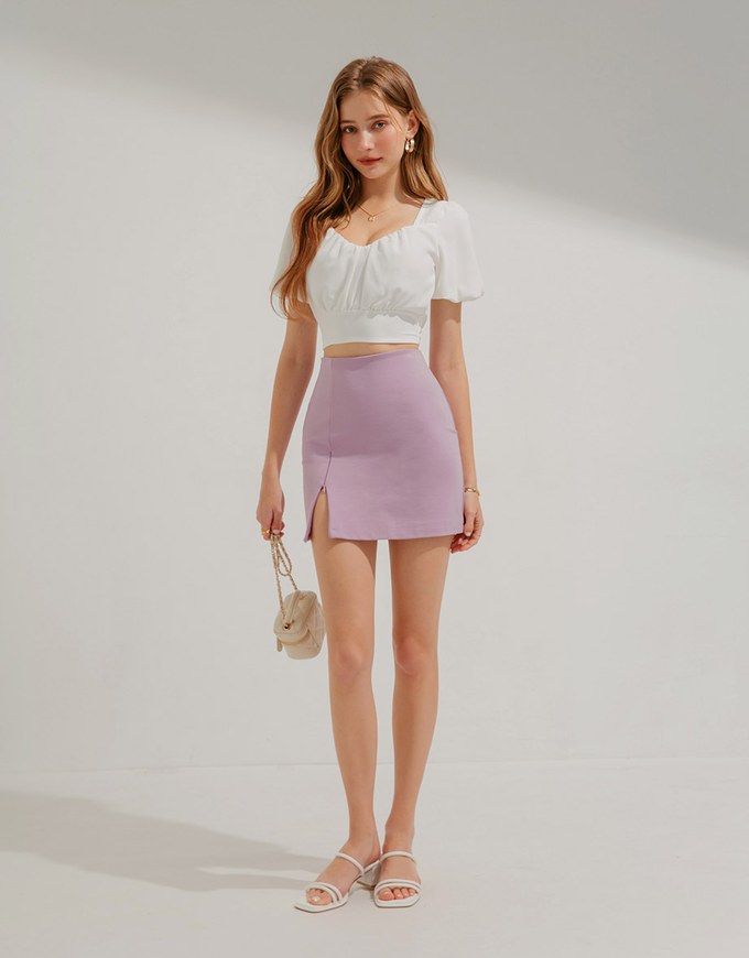 Heart Neck Puff Sleeve Shirred Top