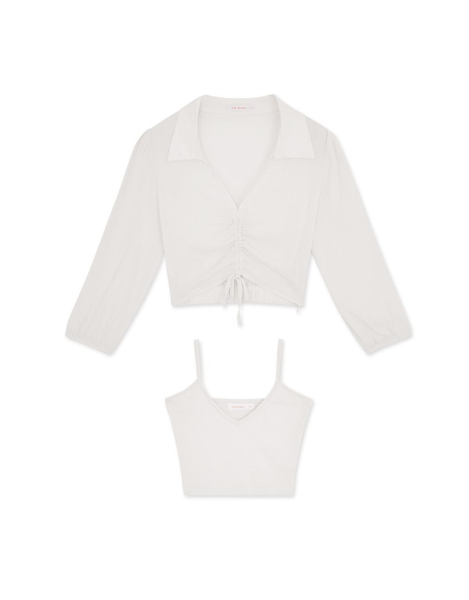 Two-Piece Sheer Drawstring Cropped Shirt