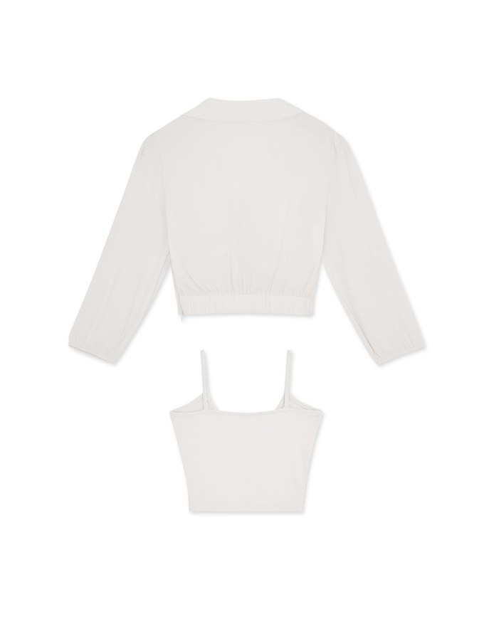 Two-Piece Sheer Drawstring Cropped Shirt
