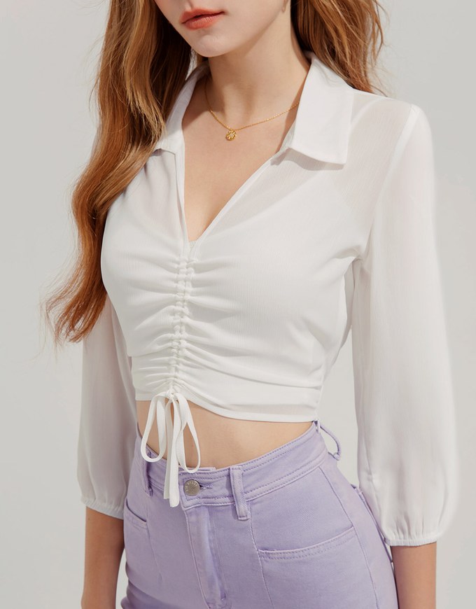 Two-Piece Sheer Drawstring Cropped Shirt